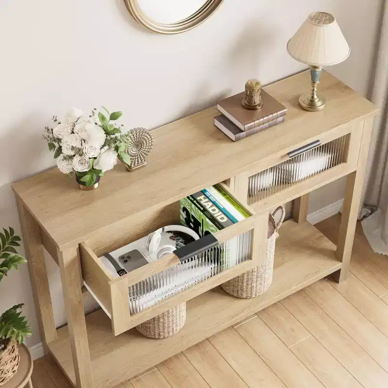 43'' Modern Narrow Console Table with 2 Glass Drawers - 2-Tier Storage Sofa Table for Entryway, Living Room, Hallway & Foyer
