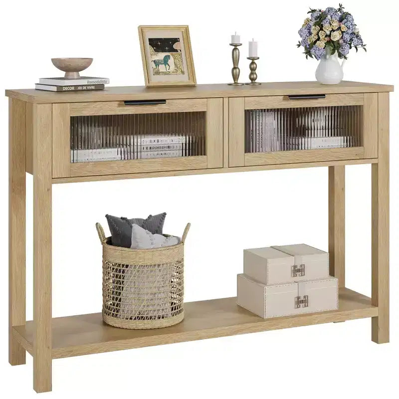 43'' Modern Narrow Console Table with 2 Glass Drawers - 2-Tier Storage Sofa Table for Entryway, Living Room, Hallway & Foyer