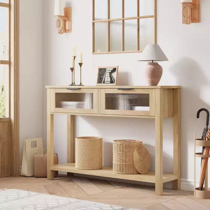 43'' Modern Narrow Console Table with 2 Glass Drawers - 2-Tier Storage Sofa Table for Entryway, Living Room, Hallway & Foyer
