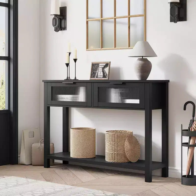 43'' Modern Narrow Console Table with 2 Glass Drawers - 2-Tier Storage Sofa Table for Entryway, Living Room, Hallway & Foyer