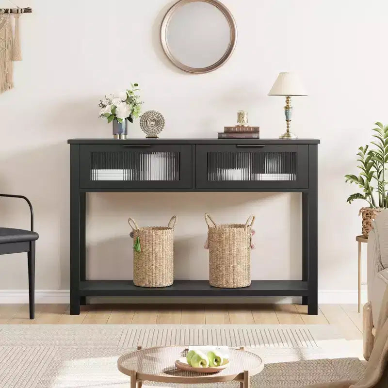 43'' Modern Narrow Console Table with 2 Glass Drawers - 2-Tier Storage Sofa Table for Entryway, Living Room, Hallway & Foyer