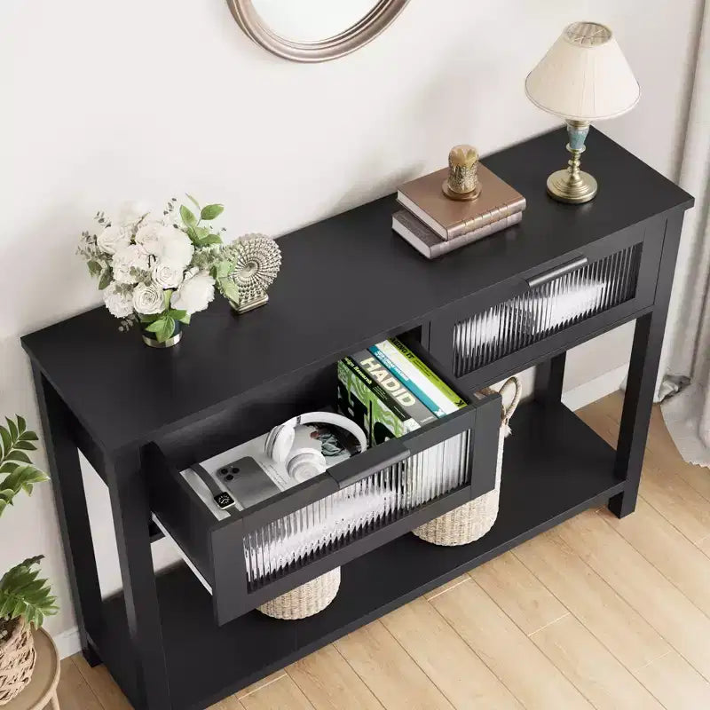 43'' Modern Narrow Console Table with 2 Glass Drawers - 2-Tier Storage Sofa Table for Entryway, Living Room, Hallway & Foyer