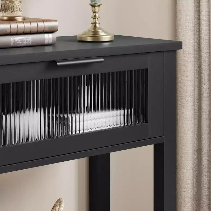 43'' Modern Narrow Console Table with 2 Glass Drawers - 2-Tier Storage Sofa Table for Entryway, Living Room, Hallway & Foyer