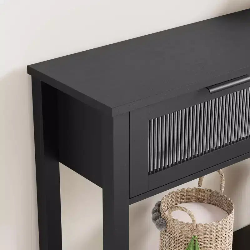 43'' Modern Narrow Console Table with 2 Glass Drawers - 2-Tier Storage Sofa Table for Entryway, Living Room, Hallway & Foyer