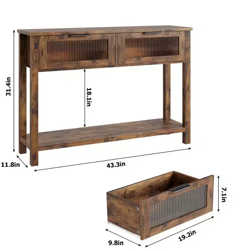 43'' Modern Narrow Console Table with 2 Glass Drawers - 2-Tier Storage Sofa Table for Entryway, Living Room, Hallway & Foyer