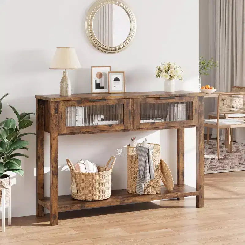 43'' Modern Narrow Console Table with 2 Glass Drawers - 2-Tier Storage Sofa Table for Entryway, Living Room, Hallway & Foyer