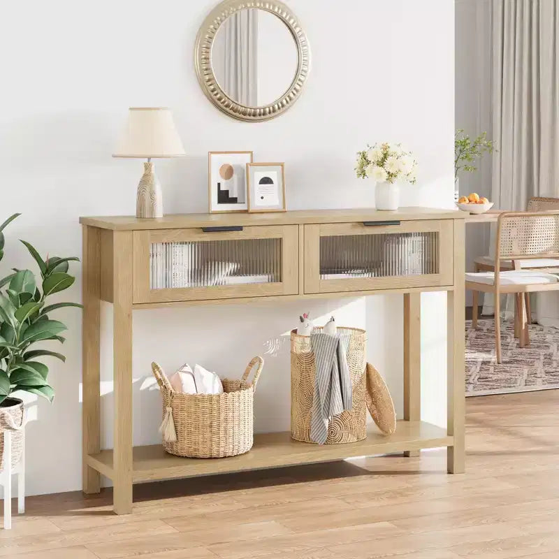 43'' Modern Narrow Console Table with 2 Glass Drawers - 2-Tier Storage Sofa Table for Entryway, Living Room, Hallway & Foyer