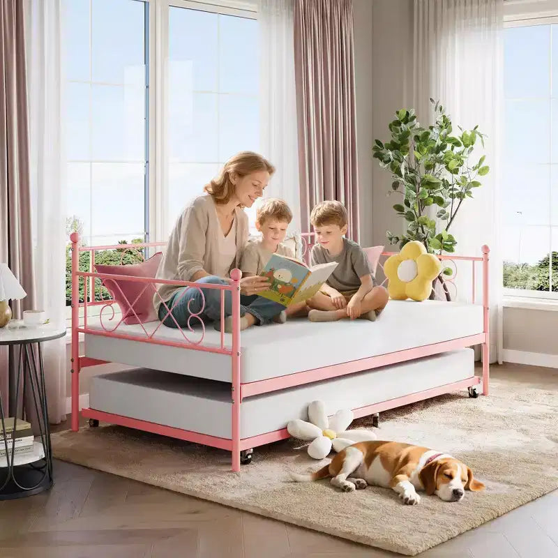 Twin Metal Daybed with Trundle, Premium Steel Slat Support, Space Saving Trundle Sofa Bed for Living Room, Bedroom and Guest Room