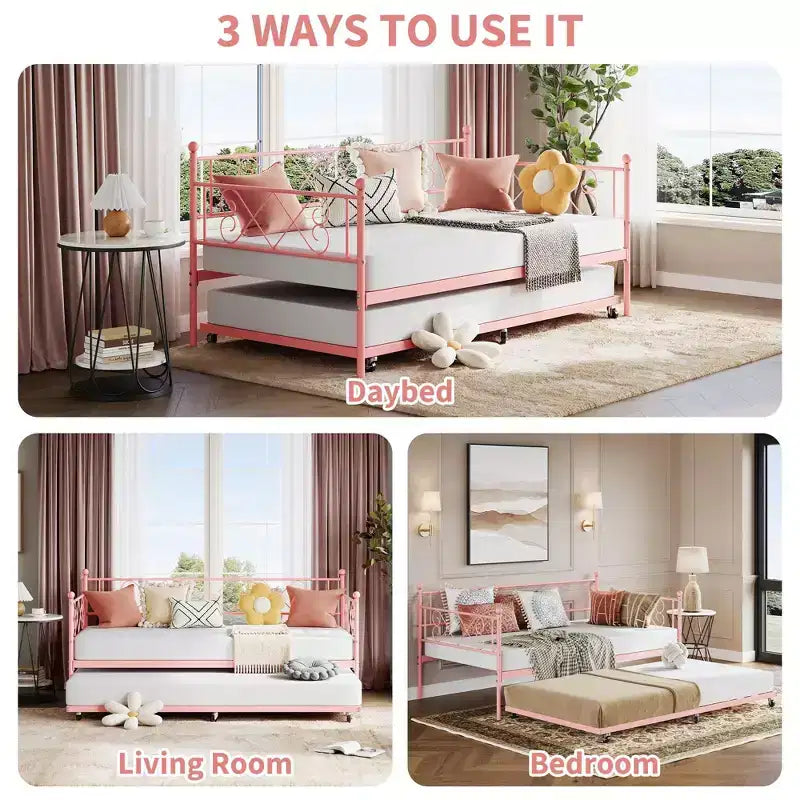Twin Metal Daybed with Trundle, Premium Steel Slat Support, Space Saving Trundle Sofa Bed for Living Room, Bedroom and Guest Room