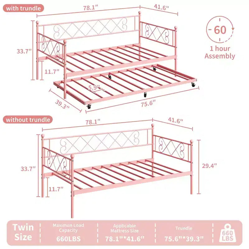 Twin Metal Daybed with Trundle, Premium Steel Slat Support, Space Saving Trundle Sofa Bed for Living Room, Bedroom and Guest Room