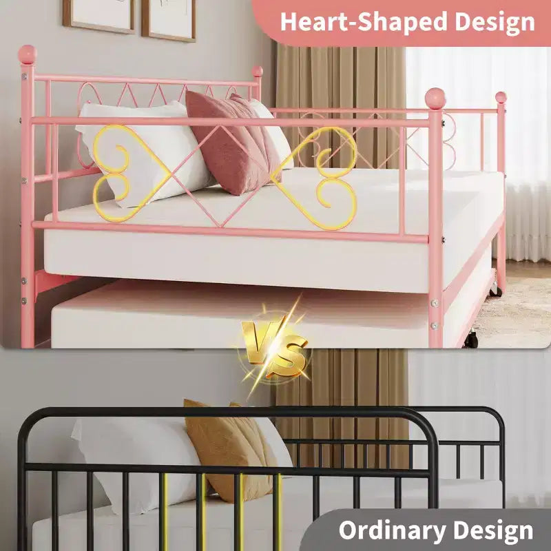 Twin Metal Daybed with Trundle, Premium Steel Slat Support, Space Saving Trundle Sofa Bed for Living Room, Bedroom and Guest Room