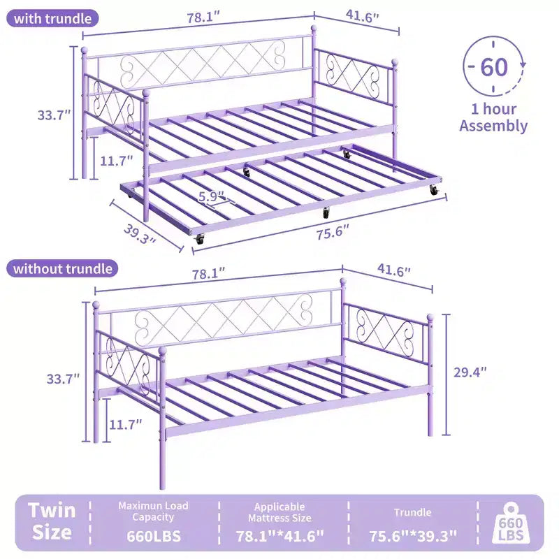 Twin Metal Daybed with Trundle, Premium Steel Slat Support, Space Saving Trundle Sofa Bed for Living Room, Bedroom and Guest Room