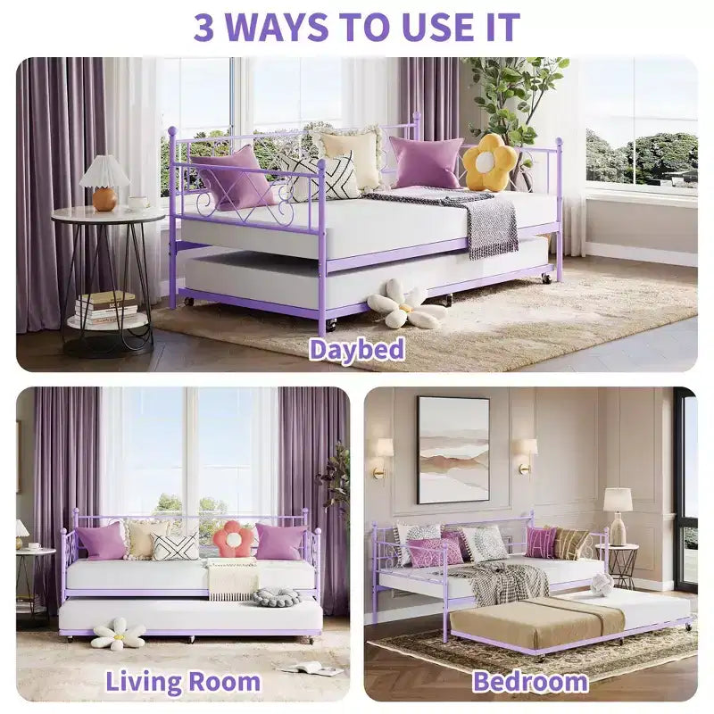 Twin Metal Daybed with Trundle, Premium Steel Slat Support, Space Saving Trundle Sofa Bed for Living Room, Bedroom and Guest Room