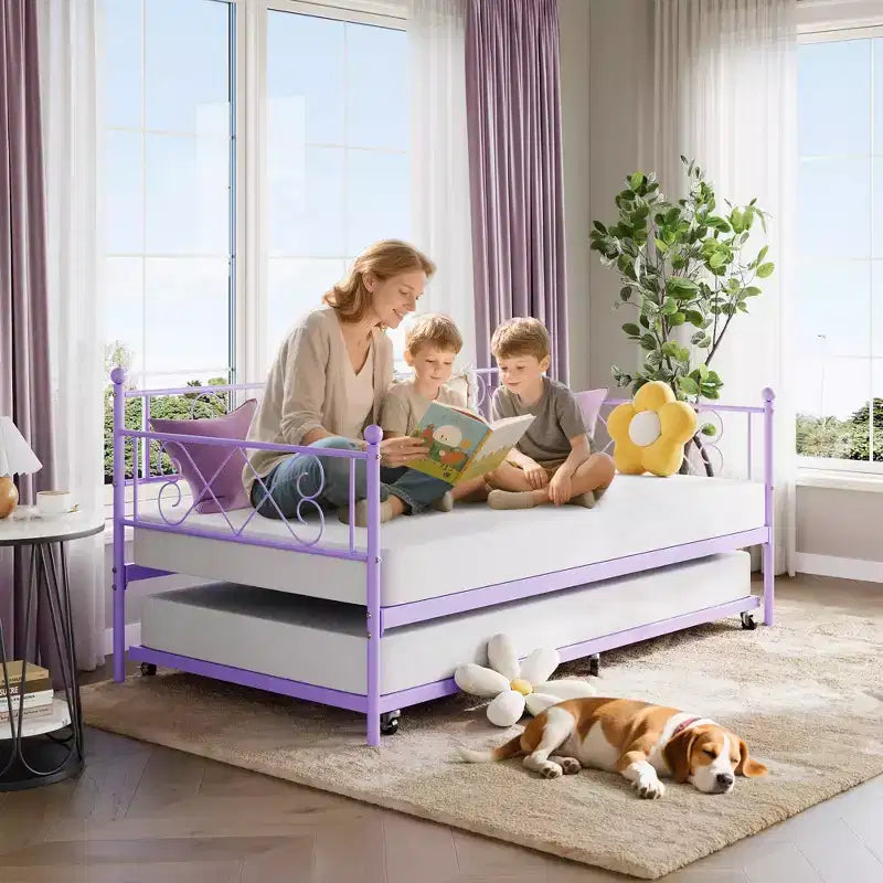 Twin Metal Daybed with Trundle, Premium Steel Slat Support, Space Saving Trundle Sofa Bed for Living Room, Bedroom and Guest Room