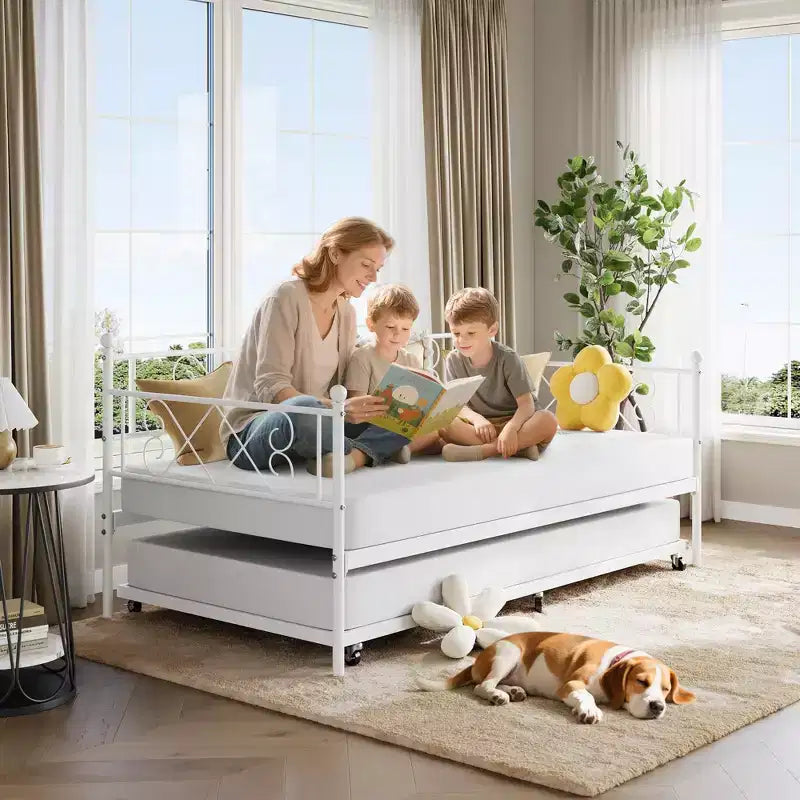 Twin Metal Daybed with Trundle, Premium Steel Slat Support, Space Saving Trundle Sofa Bed for Living Room, Bedroom and Guest Room