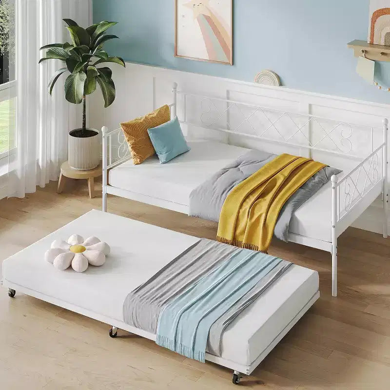 Twin Metal Daybed with Trundle, Premium Steel Slat Support, Space Saving Trundle Sofa Bed for Living Room, Bedroom and Guest Room