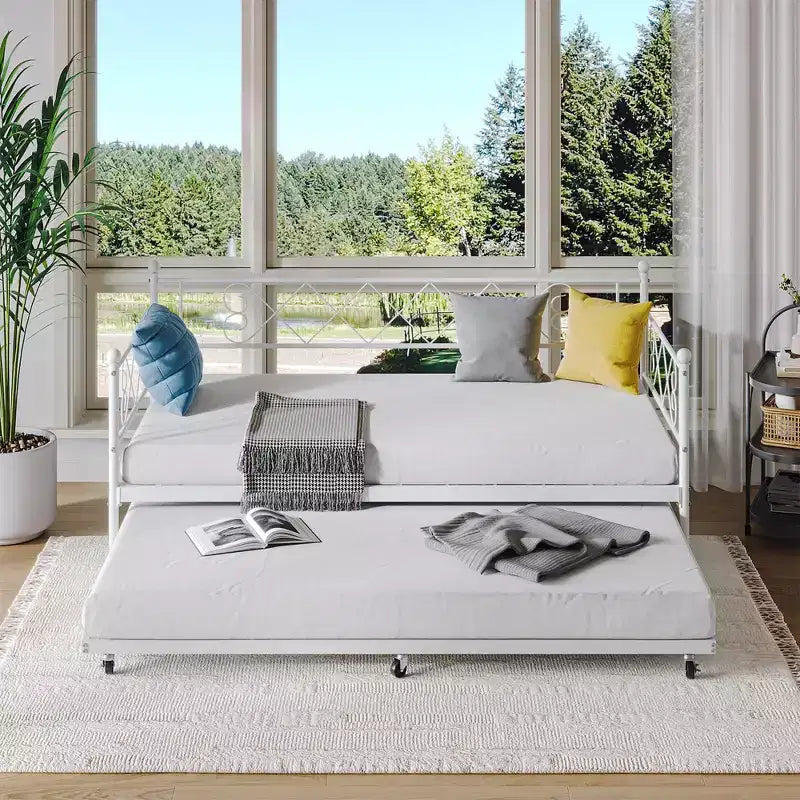 Twin Metal Daybed with Trundle, Premium Steel Slat Support, Space Saving Trundle Sofa Bed for Living Room, Bedroom and Guest Room