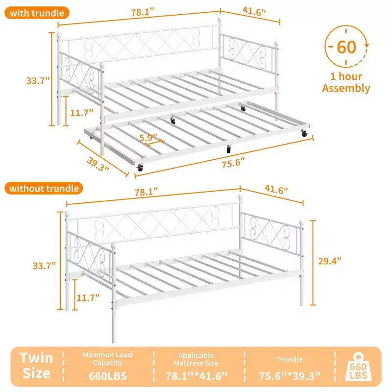 Twin Metal Daybed with Trundle, Premium Steel Slat Support, Space Saving Trundle Sofa Bed for Living Room, Bedroom and Guest Room