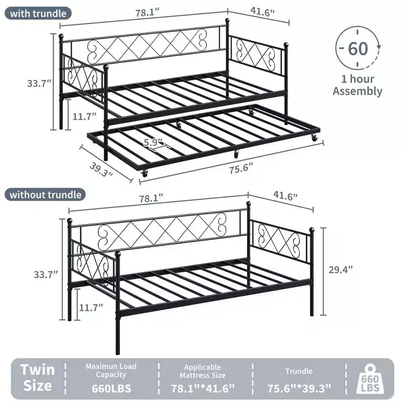 Twin Metal Daybed with Trundle, Premium Steel Slat Support, Space Saving Trundle Sofa Bed for Living Room, Bedroom and Guest Room