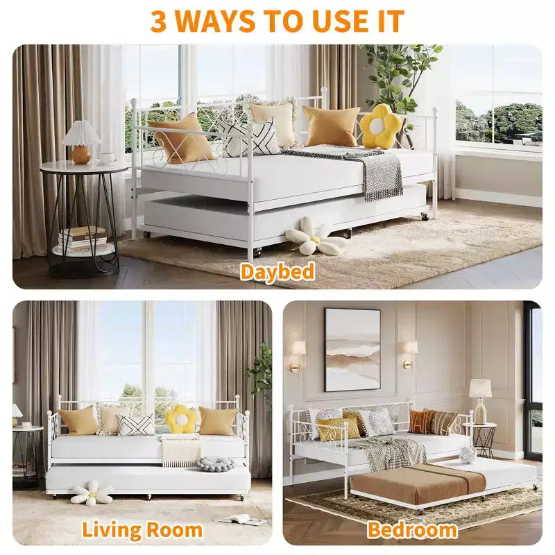 Twin Metal Daybed with Trundle, Premium Steel Slat Support, Space Saving Trundle Sofa Bed for Living Room, Bedroom and Guest Room