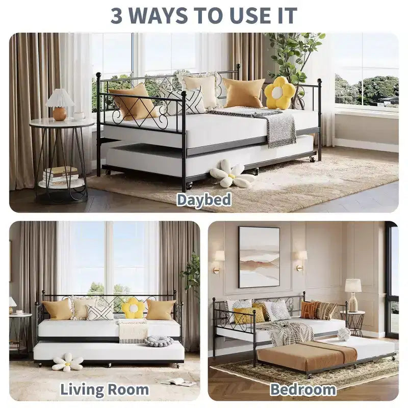 Twin Metal Daybed with Trundle, Premium Steel Slat Support, Space Saving Trundle Sofa Bed for Living Room, Bedroom and Guest Room