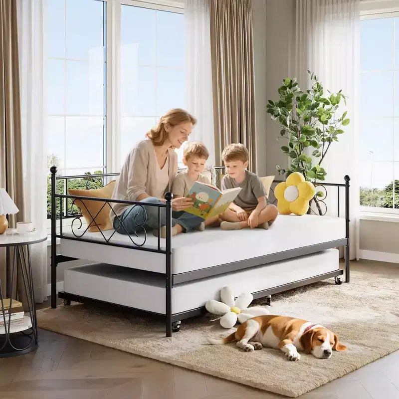 Twin Metal Daybed with Trundle, Premium Steel Slat Support, Space Saving Trundle Sofa Bed for Living Room, Bedroom and Guest Room
