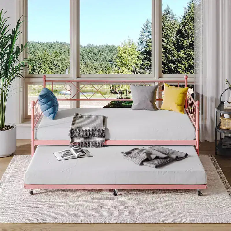 Twin Metal Daybed with Trundle, Premium Steel Slat Support, Space Saving Trundle Sofa Bed for Living Room, Bedroom and Guest Room