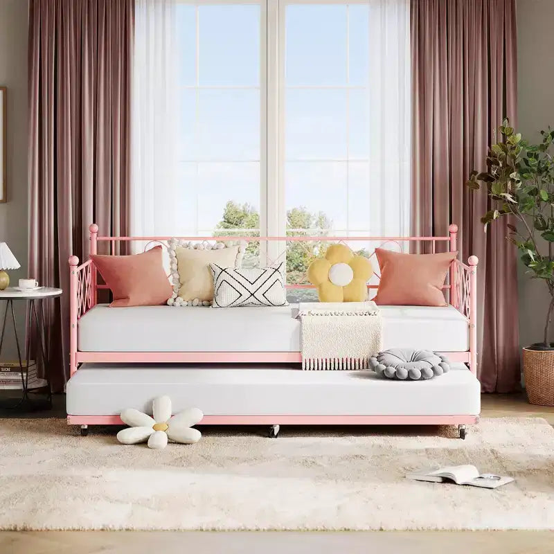 Twin Metal Daybed with Trundle, Premium Steel Slat Support, Space Saving Trundle Sofa Bed for Living Room, Bedroom and Guest Room