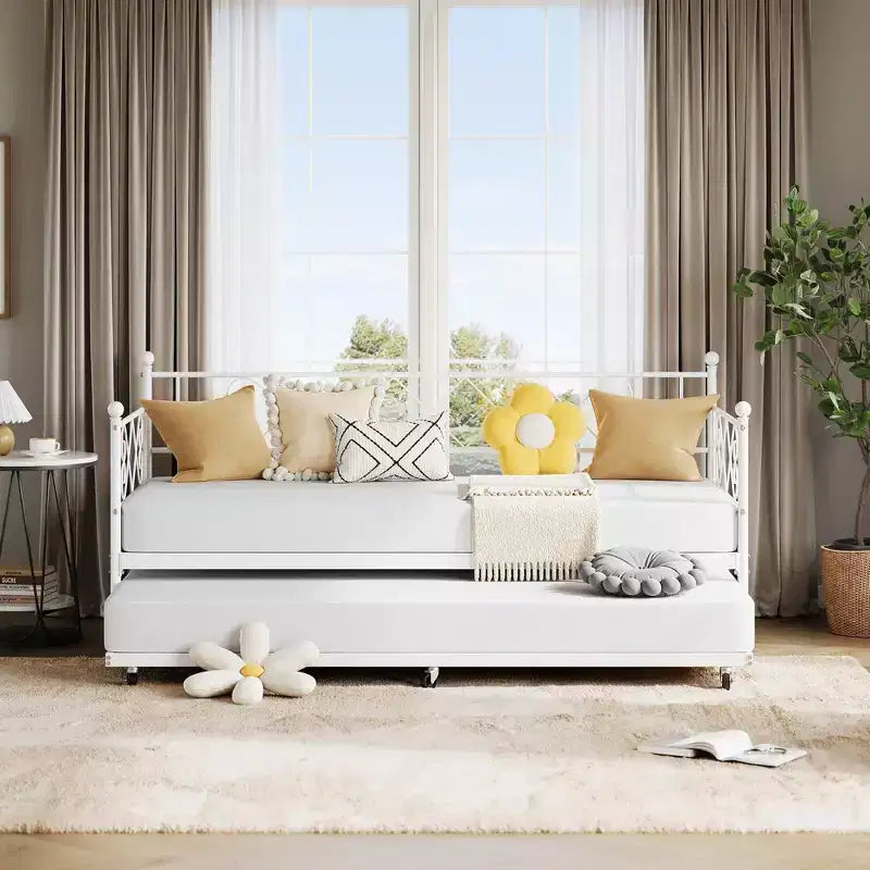 Twin Metal Daybed with Trundle, Premium Steel Slat Support, Space Saving Trundle Sofa Bed for Living Room, Bedroom and Guest Room