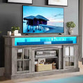 LED Farmhouse TV Stand for 75 Inch , Entertainment Center with Glass Doors & Power Outlets, Media Console Cabinet for Living Room,Grey