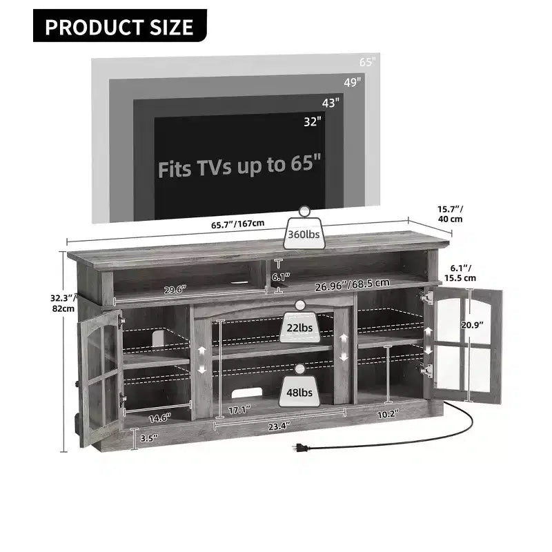 LED Farmhouse TV Stand for 75 Inch , Entertainment Center with Glass Doors & Power Outlets, Media Console Cabinet for Living Room,Grey