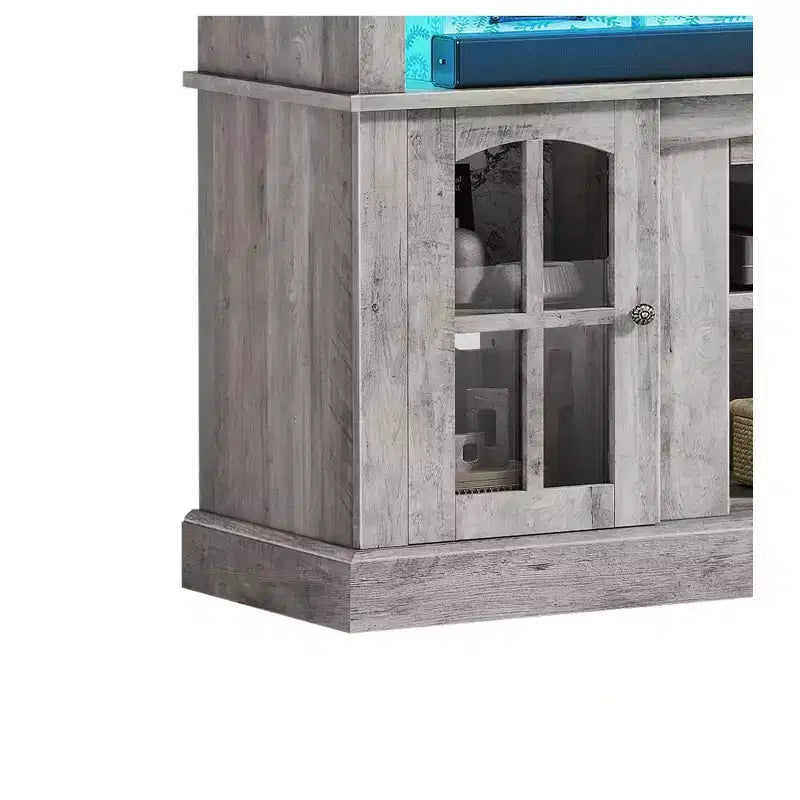 LED Farmhouse TV Stand for 75 Inch , Entertainment Center with Glass Doors & Power Outlets, Media Console Cabinet for Living Room,Grey