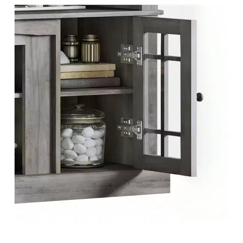 LED Farmhouse TV Stand for 75 Inch , Entertainment Center with Glass Doors & Power Outlets, Media Console Cabinet for Living Room,Grey