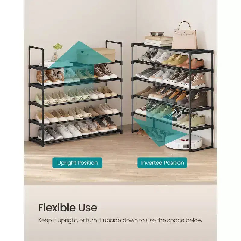5-Tier Stackable Shoe Rack, 36.2 Inch Metal Shoe Organizer with 22 lb per Tier Capacity, Upright & Reversible for Entryway, Black