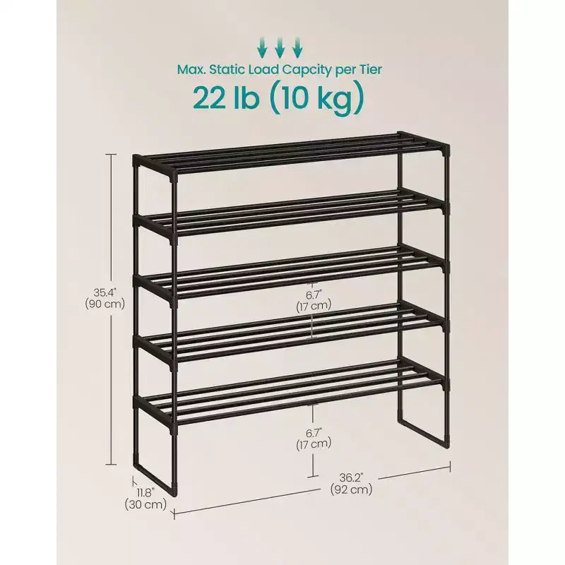 5-Tier Stackable Shoe Rack, 36.2 Inch Metal Shoe Organizer with 22 lb per Tier Capacity, Upright & Reversible for Entryway, Black