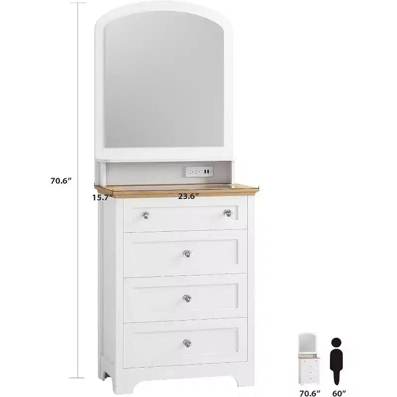 4 Drawer Dresser with Mirror, Charging Station & Glass Top, Modern Makeup Vanity Cabinet for Bedroom, Living Room, Entryway