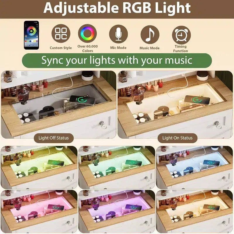 4 Drawer Dresser with Mirror, Charging Station & Glass Top, Modern Makeup Vanity Cabinet for Bedroom, Living Room, Entryway