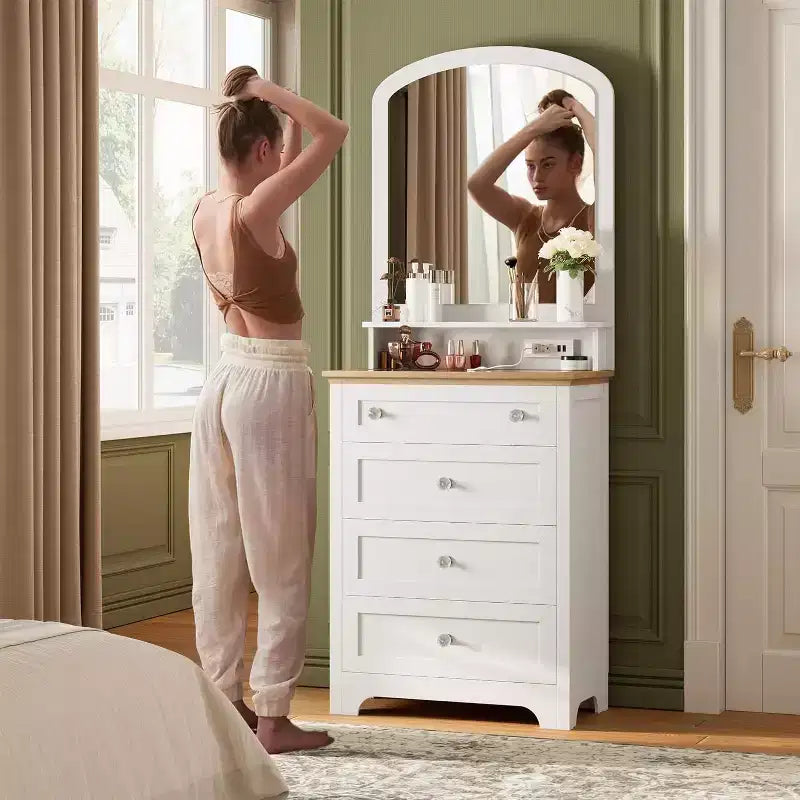 4 Drawer Dresser with Mirror, Charging Station & Glass Top, Modern Makeup Vanity Cabinet for Bedroom, Living Room, Entryway