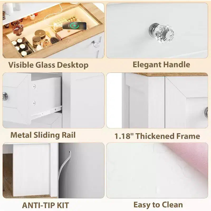 4 Drawer Dresser with Mirror, Charging Station & Glass Top, Modern Makeup Vanity Cabinet for Bedroom, Living Room, Entryway