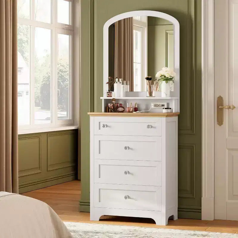 4 Drawer Dresser with Mirror, Charging Station & Glass Top, Modern Makeup Vanity Cabinet for Bedroom, Living Room, Entryway