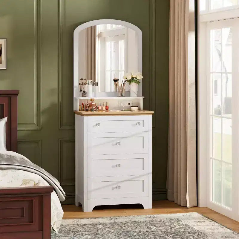 4 Drawer Dresser with Mirror, Charging Station & Glass Top, Modern Makeup Vanity Cabinet for Bedroom, Living Room, Entryway