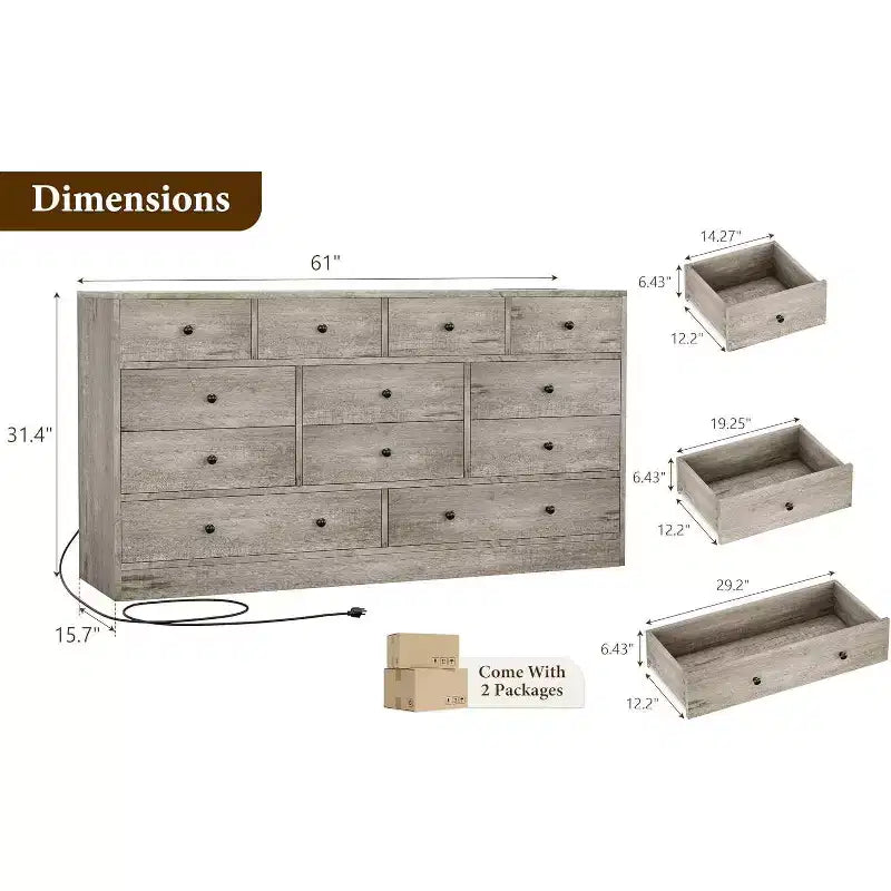 12 Drawer Dresser with Power Outlets, 61" Wooden Storage Chest Organizer for Bedroom, Living Room, Hallway