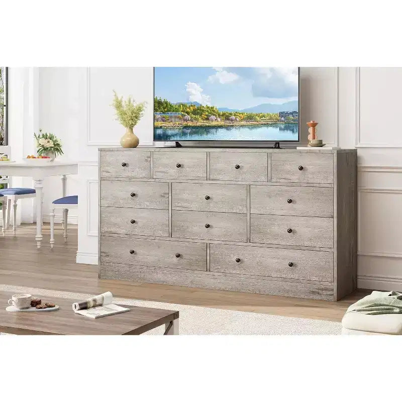12 Drawer Dresser with Power Outlets, 61" Wooden Storage Chest Organizer for Bedroom, Living Room, Hallway