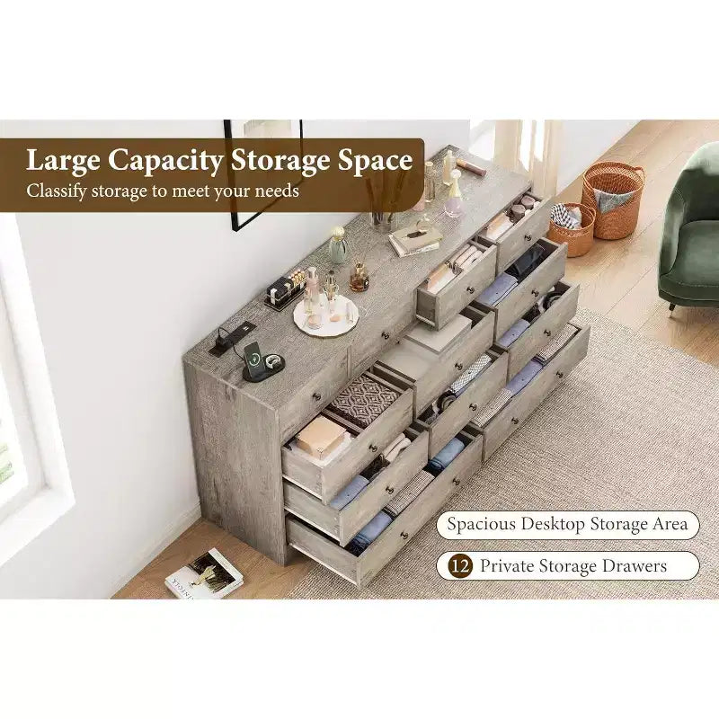 12 Drawer Dresser with Power Outlets, 61" Wooden Storage Chest Organizer for Bedroom, Living Room, Hallway