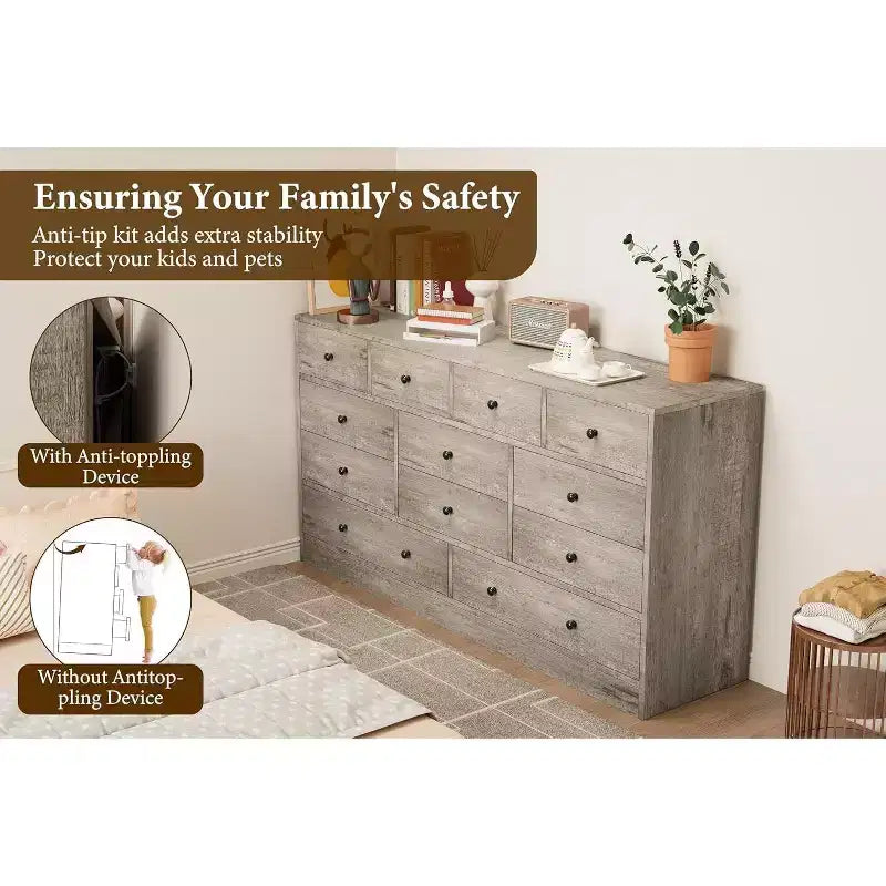 12 Drawer Dresser with Power Outlets, 61" Wooden Storage Chest Organizer for Bedroom, Living Room, Hallway