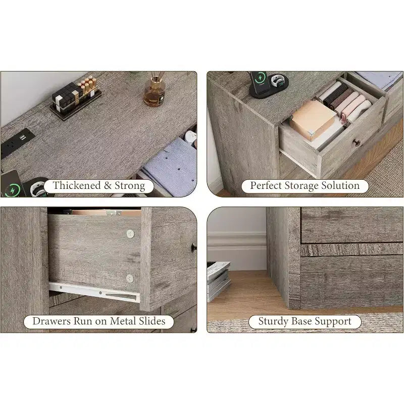 12 Drawer Dresser with Power Outlets, 61" Wooden Storage Chest Organizer for Bedroom, Living Room, Hallway