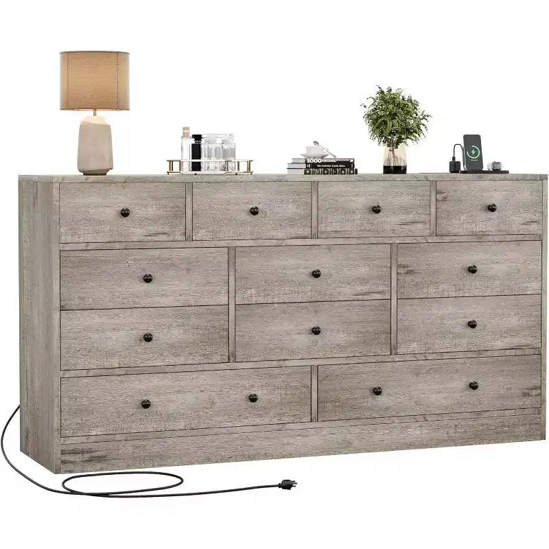 12 Drawer Dresser with Power Outlets, 61" Wooden Storage Chest Organizer for Bedroom, Living Room, Hallway
