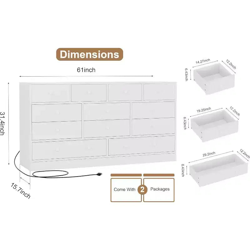 12 Drawer Dresser with Power Outlets, 61" Wooden Storage Chest Organizer for Bedroom, Living Room, Hallway