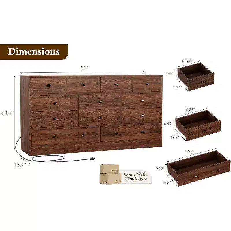 12 Drawer Dresser with Power Outlets, 61" Wooden Storage Chest Organizer for Bedroom, Living Room, Hallway
