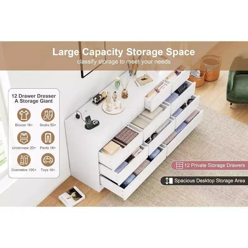 12 Drawer Dresser with Power Outlets, 61" Wooden Storage Chest Organizer for Bedroom, Living Room, Hallway